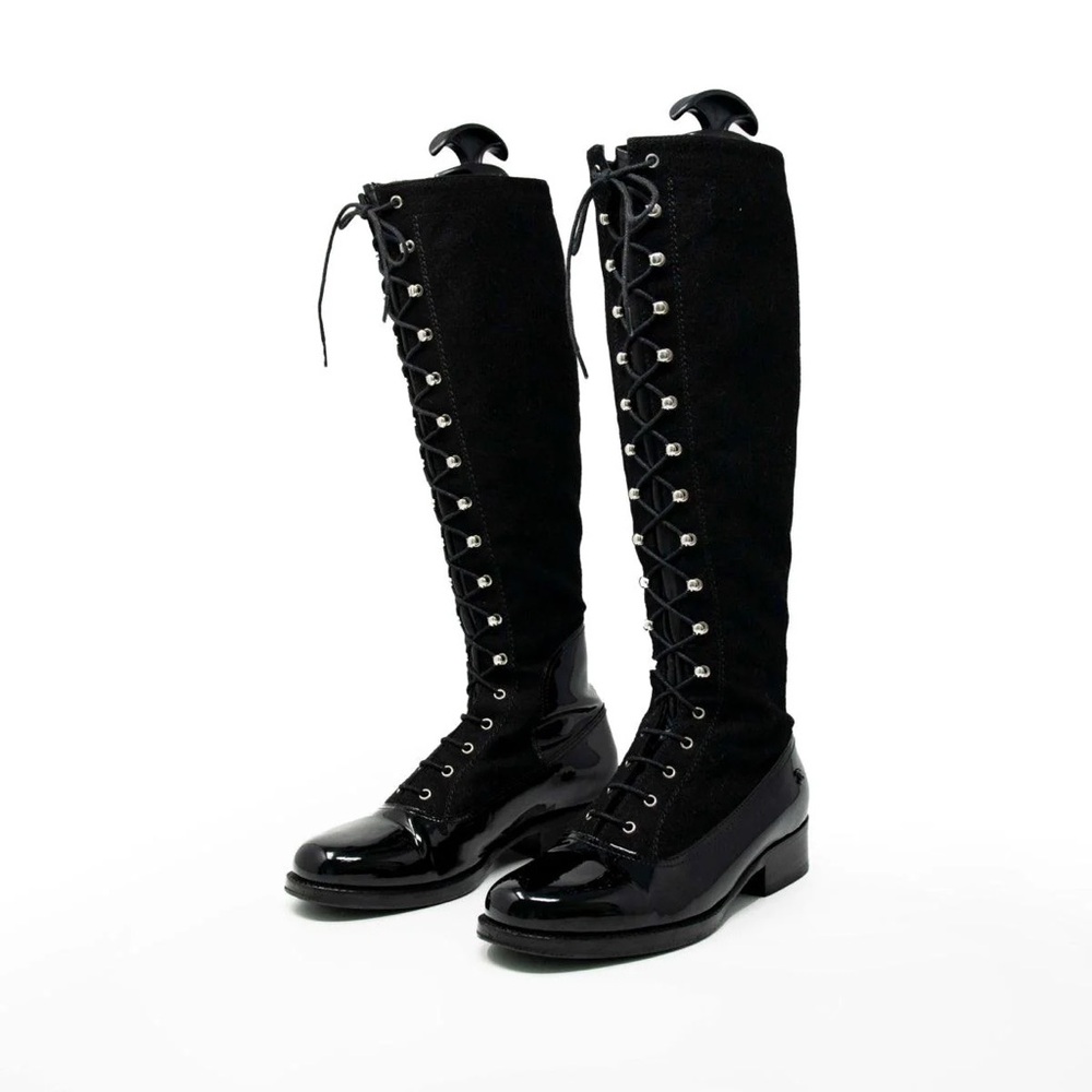 Chanel Black Lace-Up Knee-High Boots